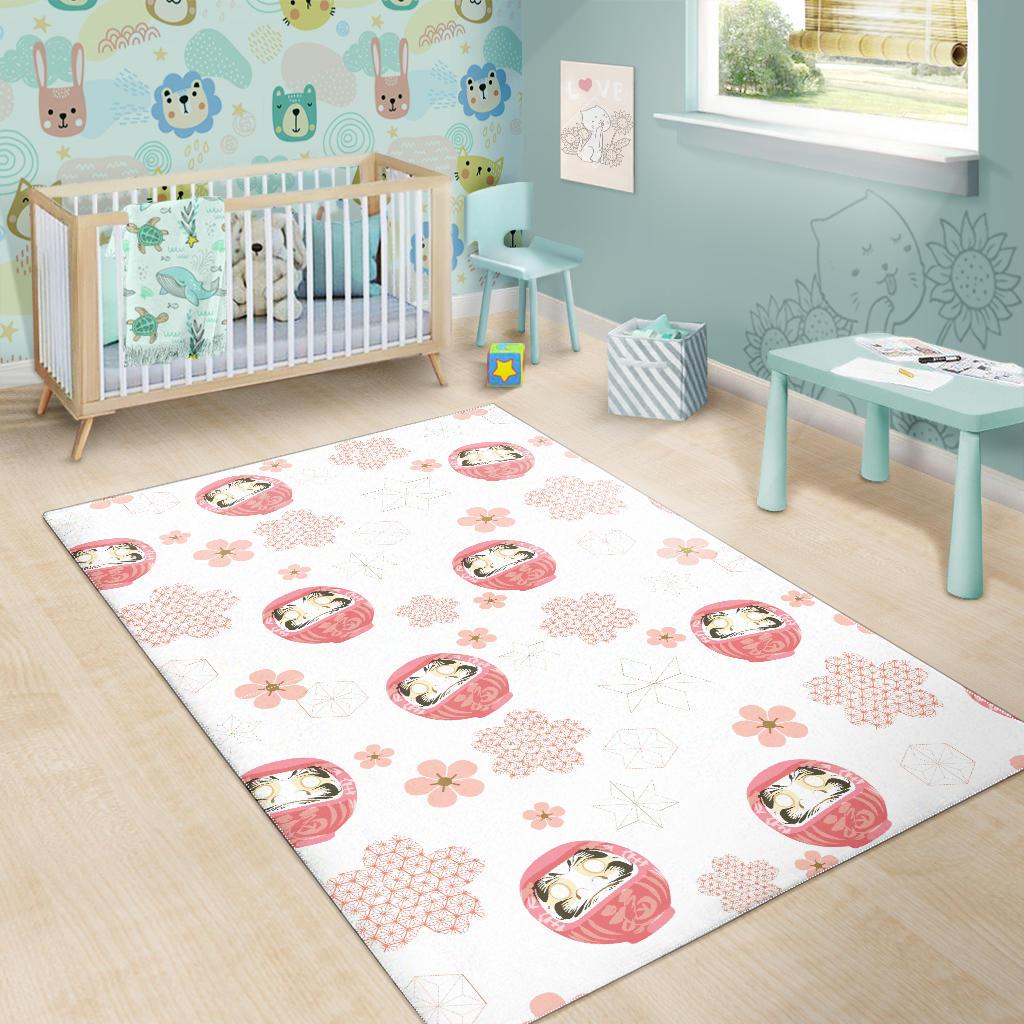 Daruma japanese wooden doll cherry blossom flower pattern Area Rug