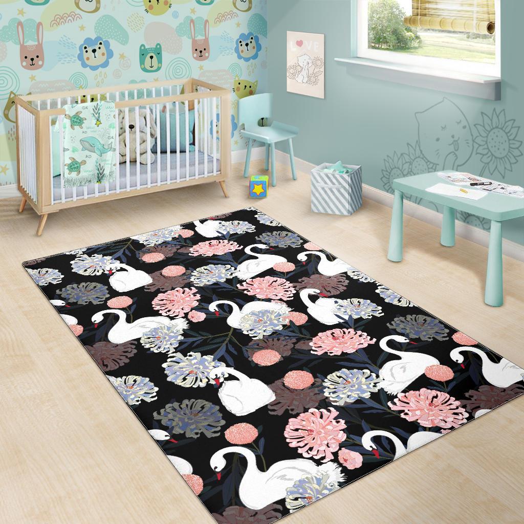 white swan blooming flower pattern Area Rug