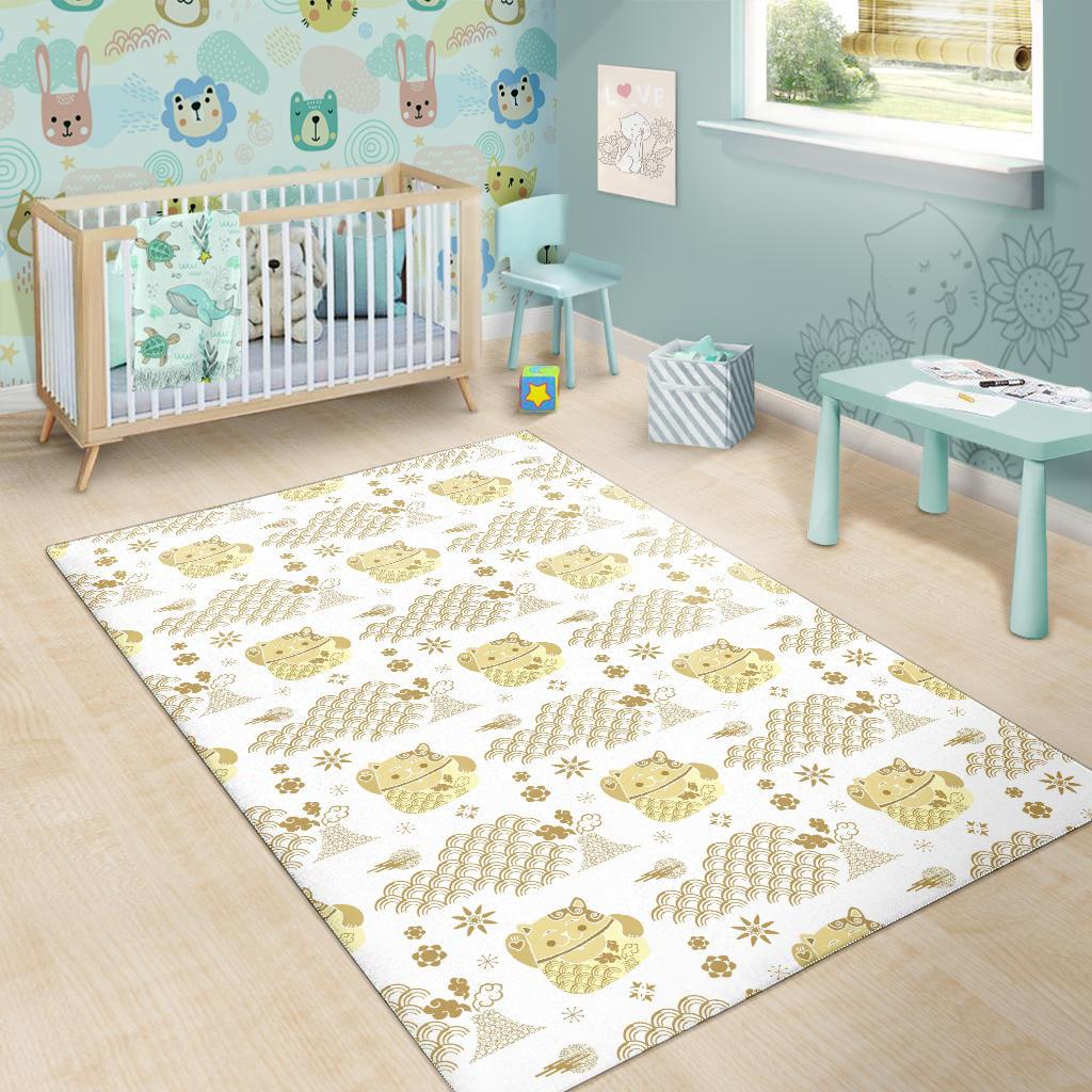 Gold Meneki Neko Lucky Cat Pattern Area Rug