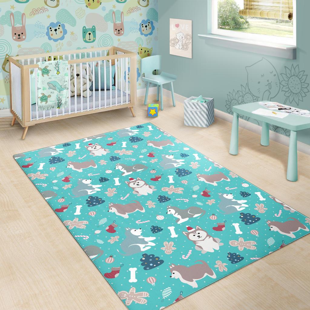 Christmas cute siberian husky puppie pattern Area Rug