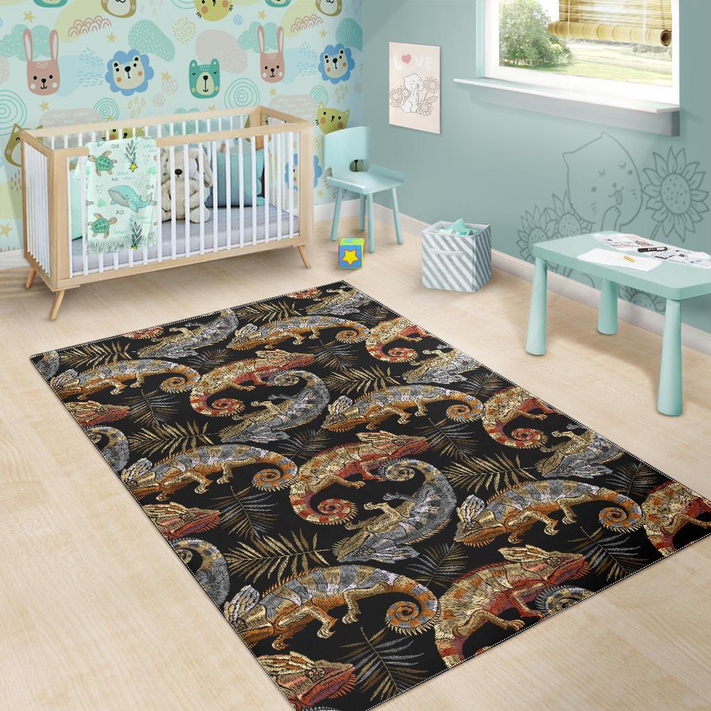 Chameleon lizard tropical leaves palm tree Area Rug