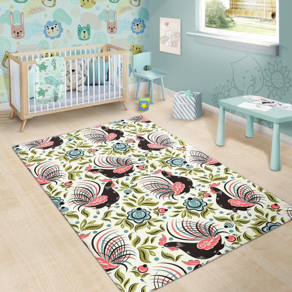 Rooster Chicken Leaves Pattern Area Rug