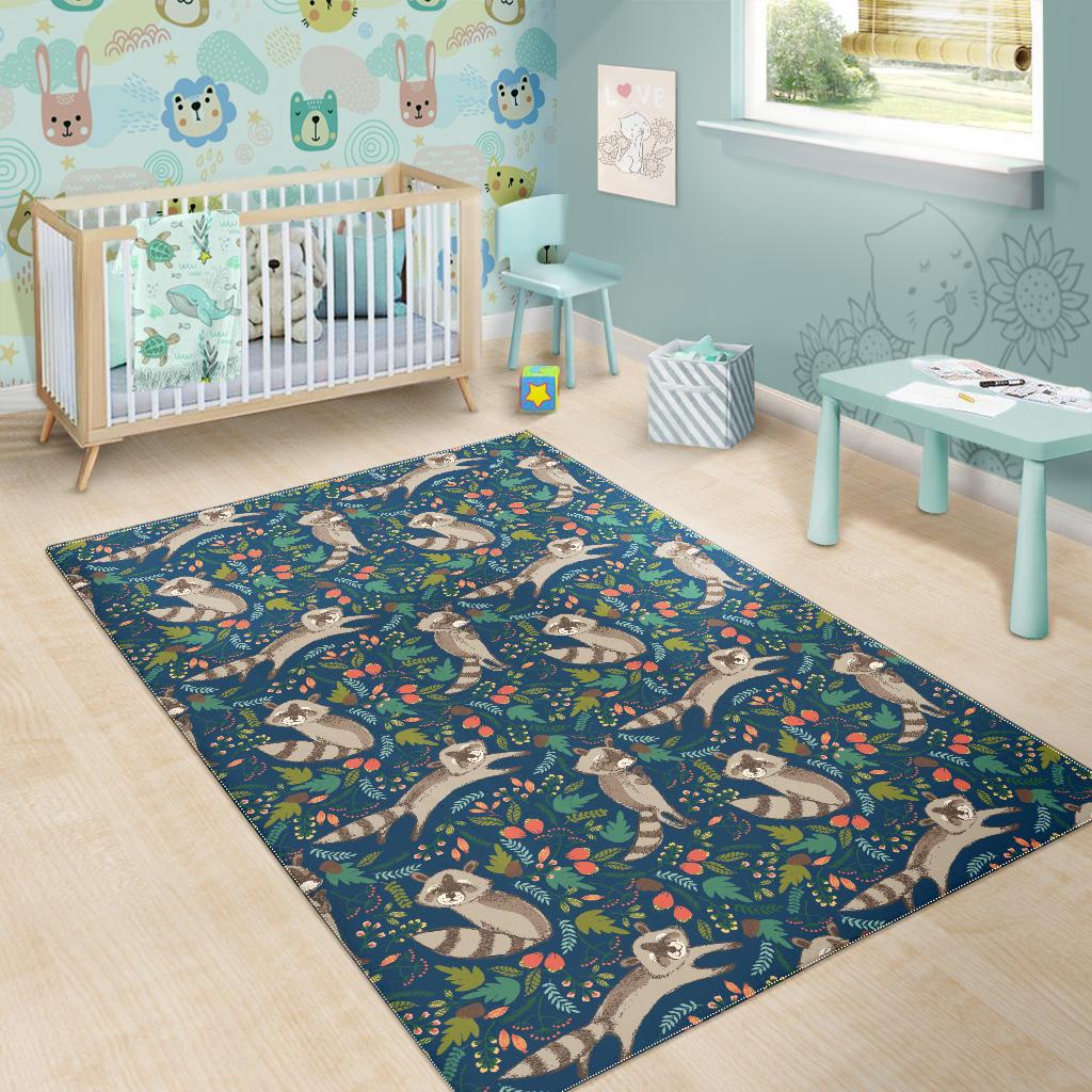 Raccoon tropical leaves pattern Area Rug