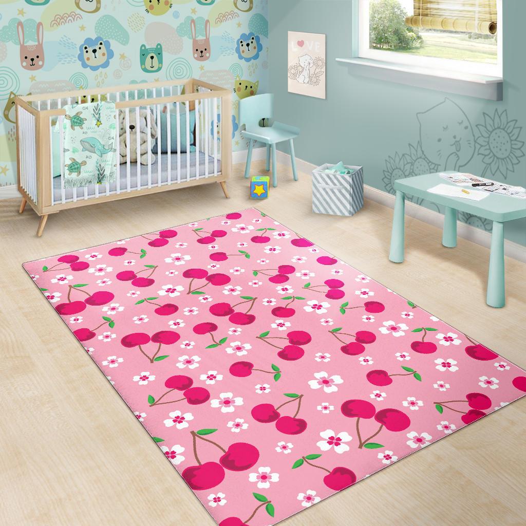 cherry flower pattern pink background Area Rug