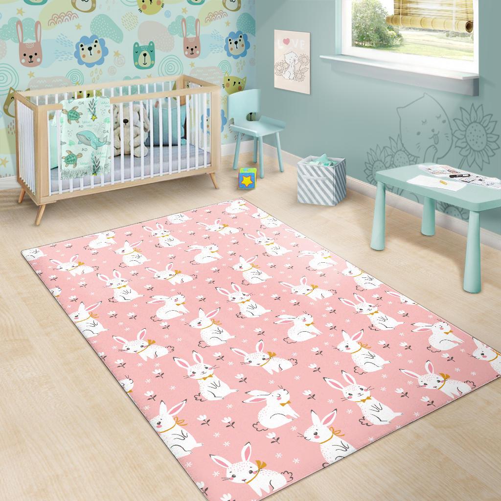 Cute white rabbit flower pink background Area Rug