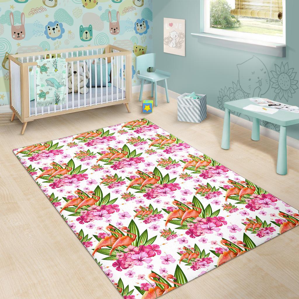 Flamingo Pink Hibiscus Pattern Area Rug