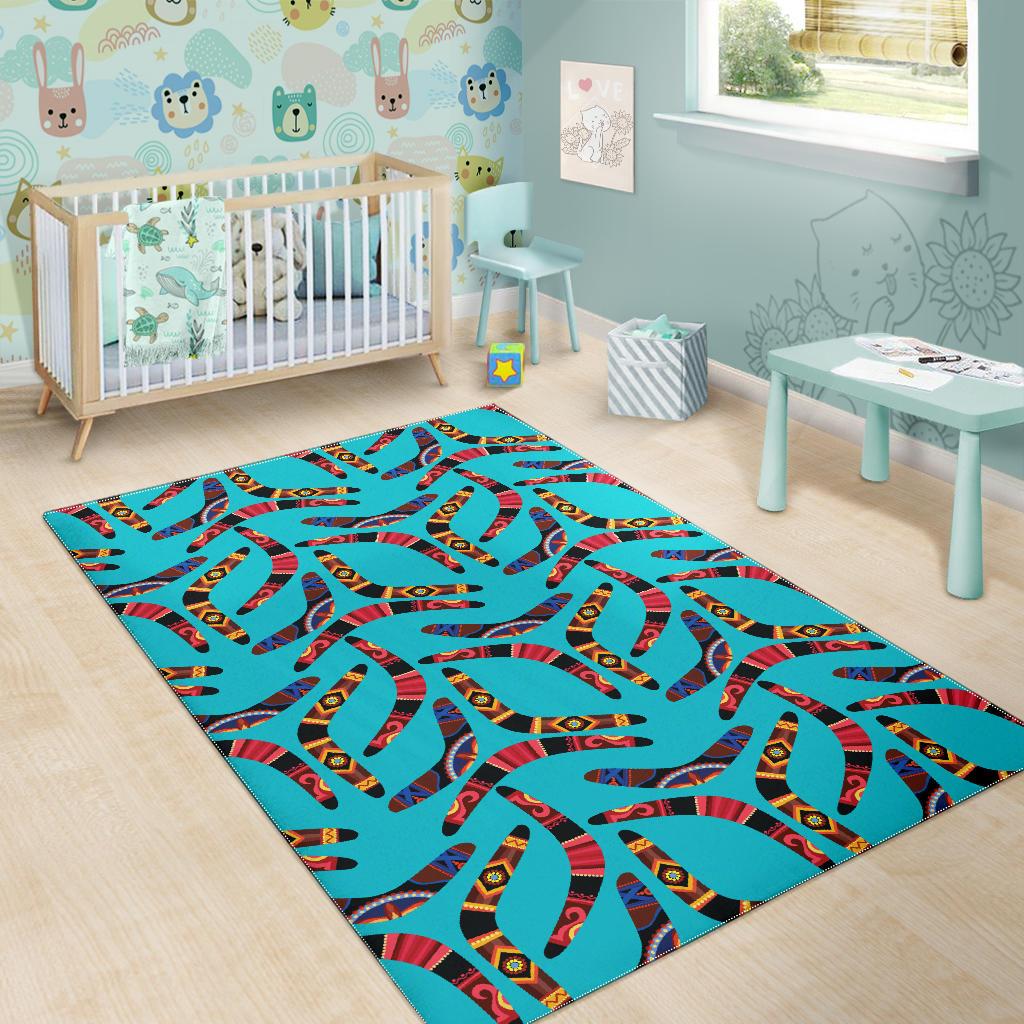 Boomerang Australian aboriginal ornament blue background Area Rug