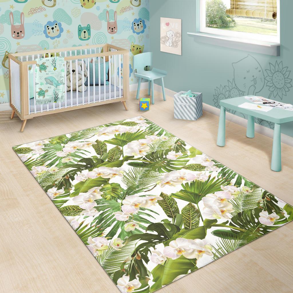 White orchid flower tropical leaves pattern Area Rug