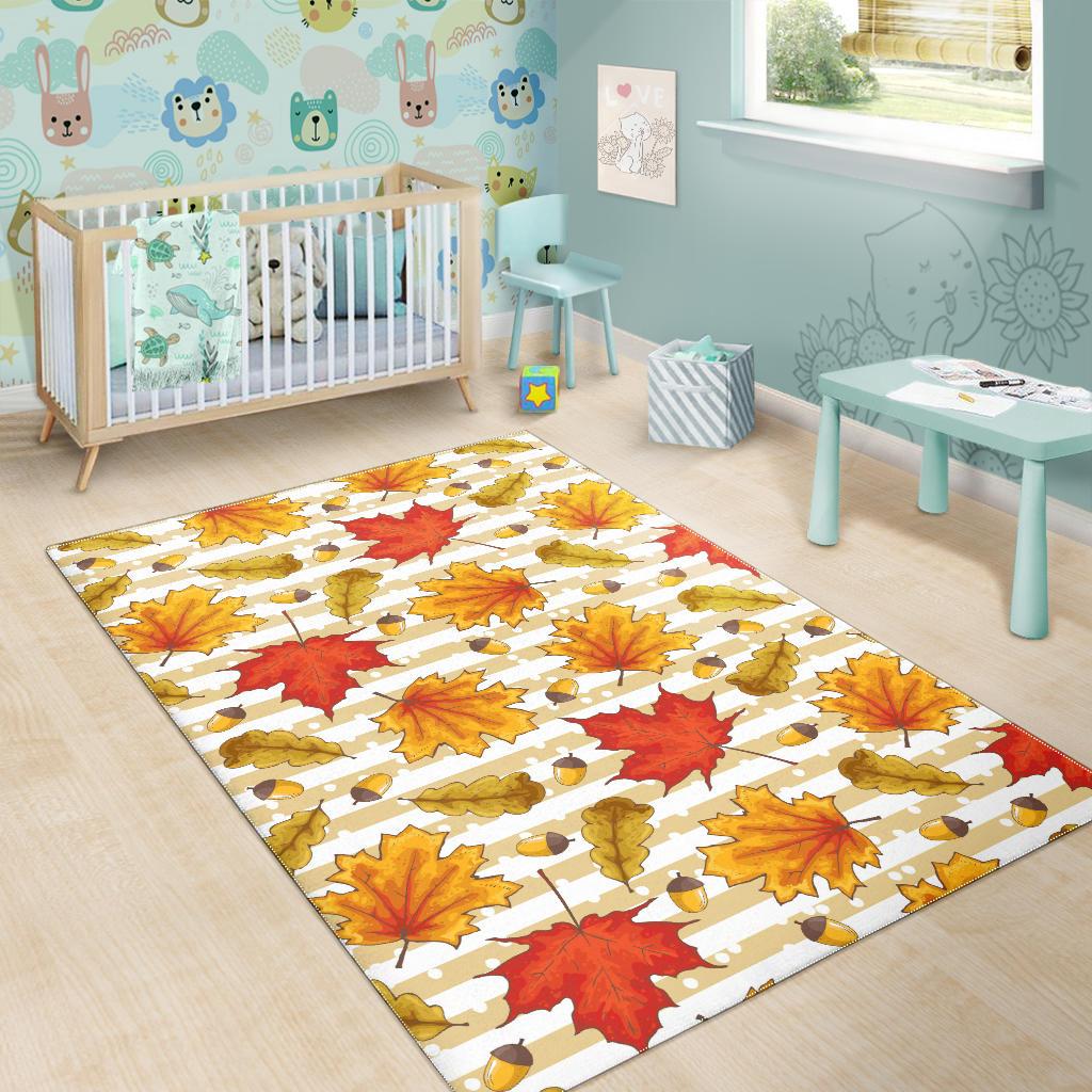 Maple leaf oak leaf acorns beige striped background Area Rug