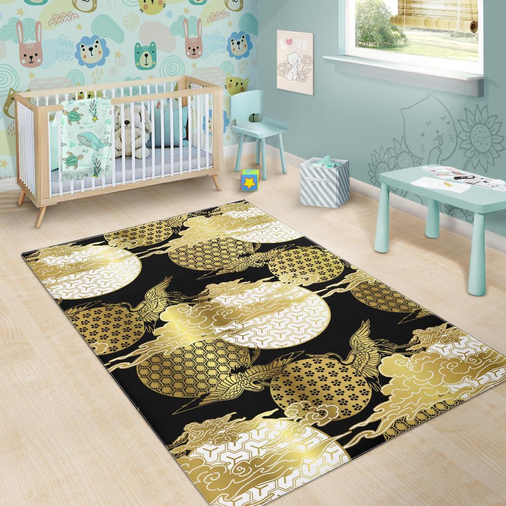 Gold Could Crane Japanese Pattern Area Rug