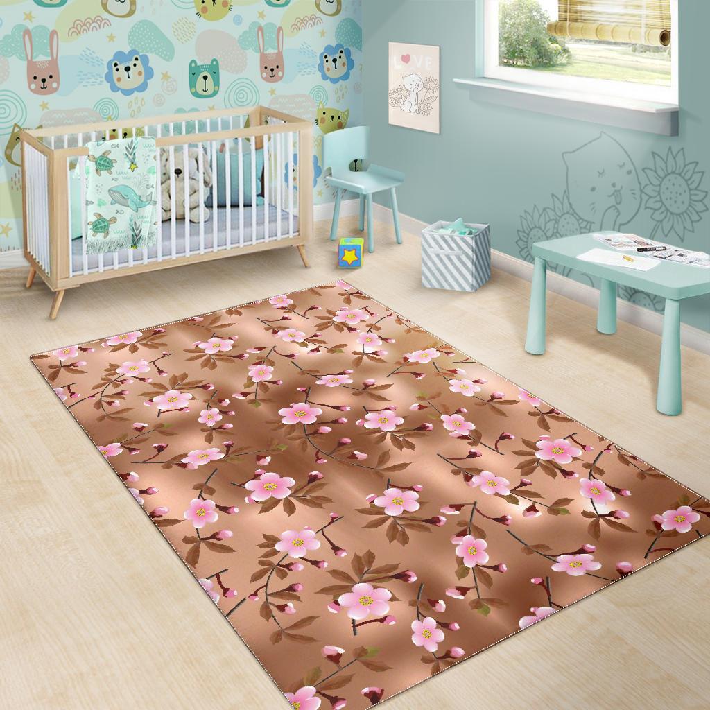Pink sakura cherry blossom drak brown background Area Rug