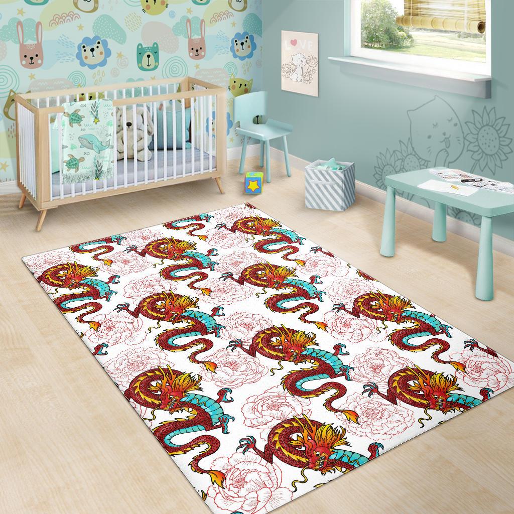 Red Dragon Hibiscus Pattern Area Rug