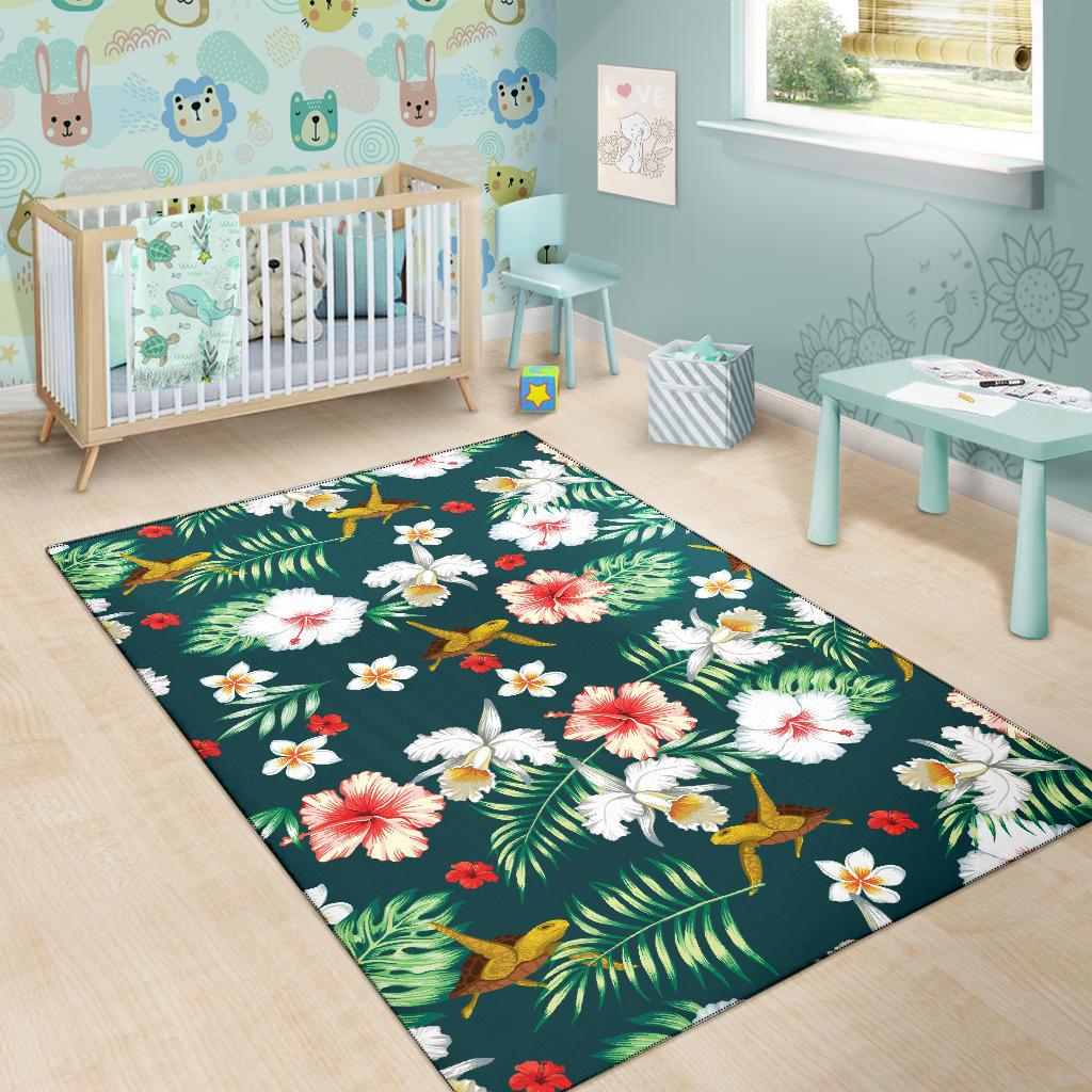 Hawaiian Flower Design with SeaTurtle Print Area Rugs