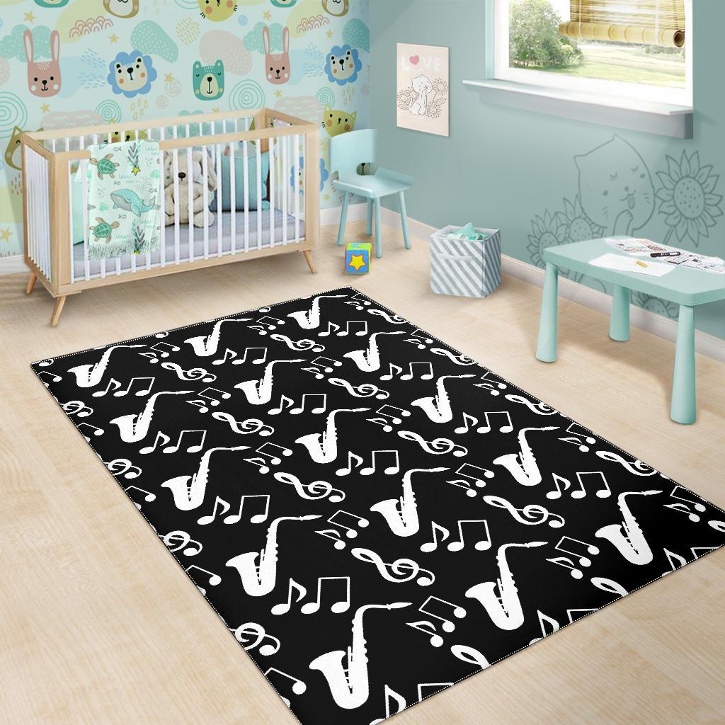 Saxophone music notes treble clef black white theme Area Rug