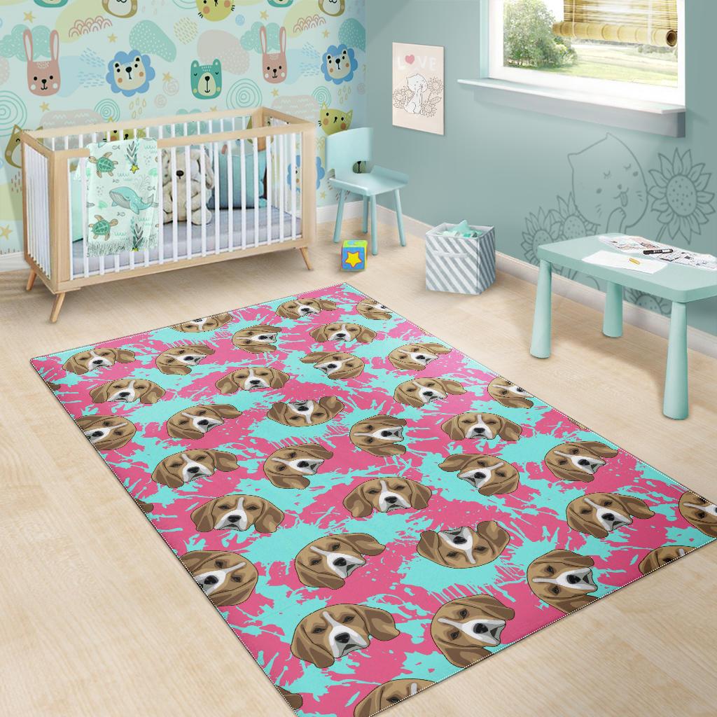 Beagle muzzles turquoise paint splashes pink pattern Area Rug