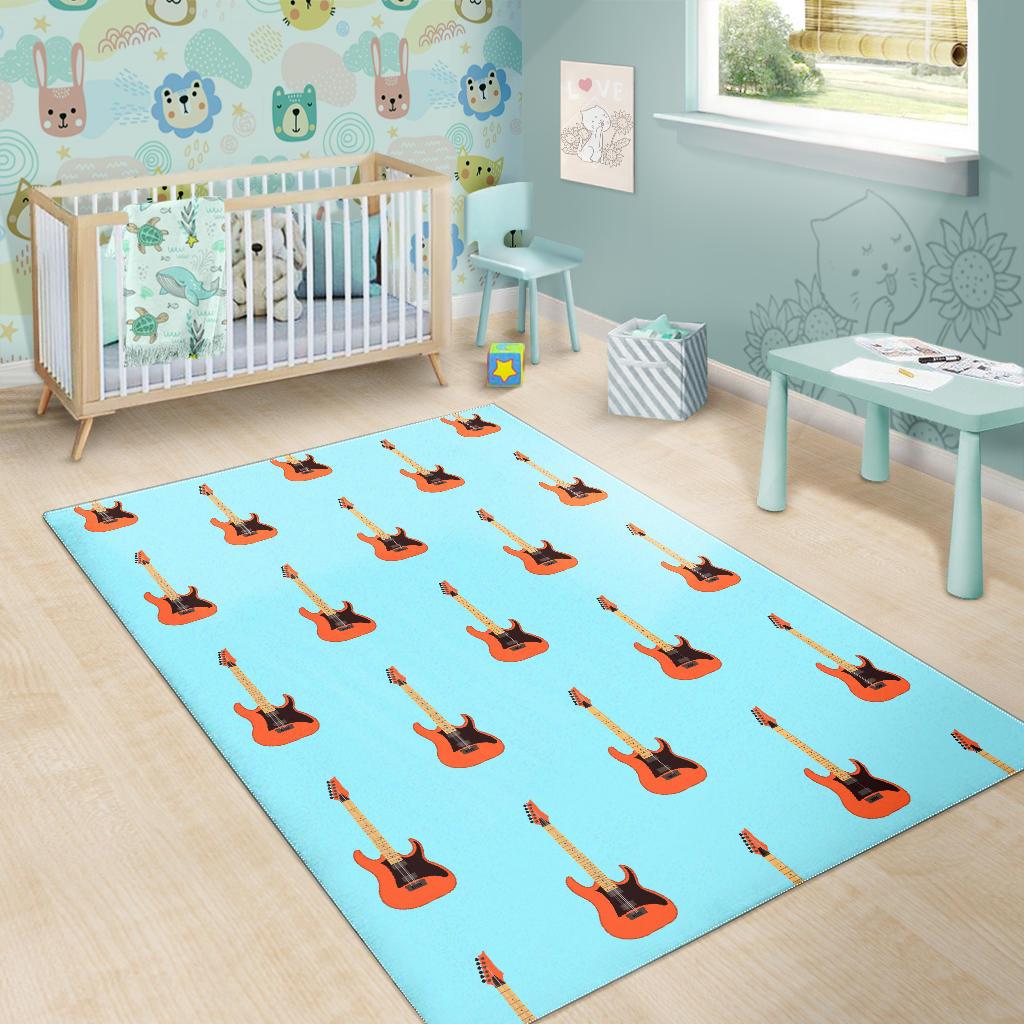 electric guitar pattern light blue background Area Rug