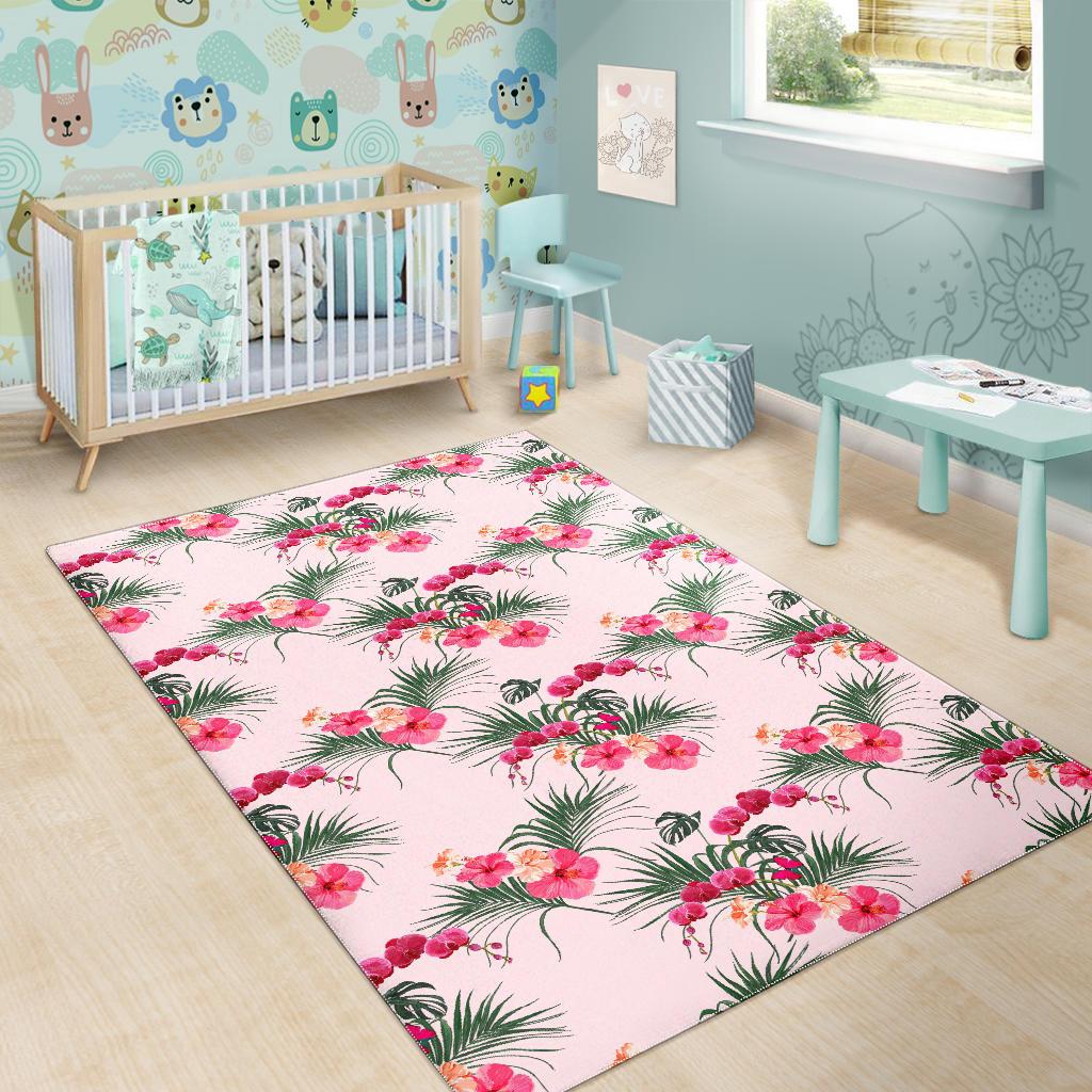 Red Pink Orchid Hibiscus Pattern Area Rug