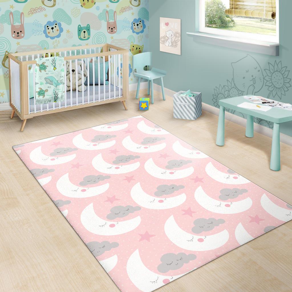 Cute moon cloud star pattern pink dot background Area Rug