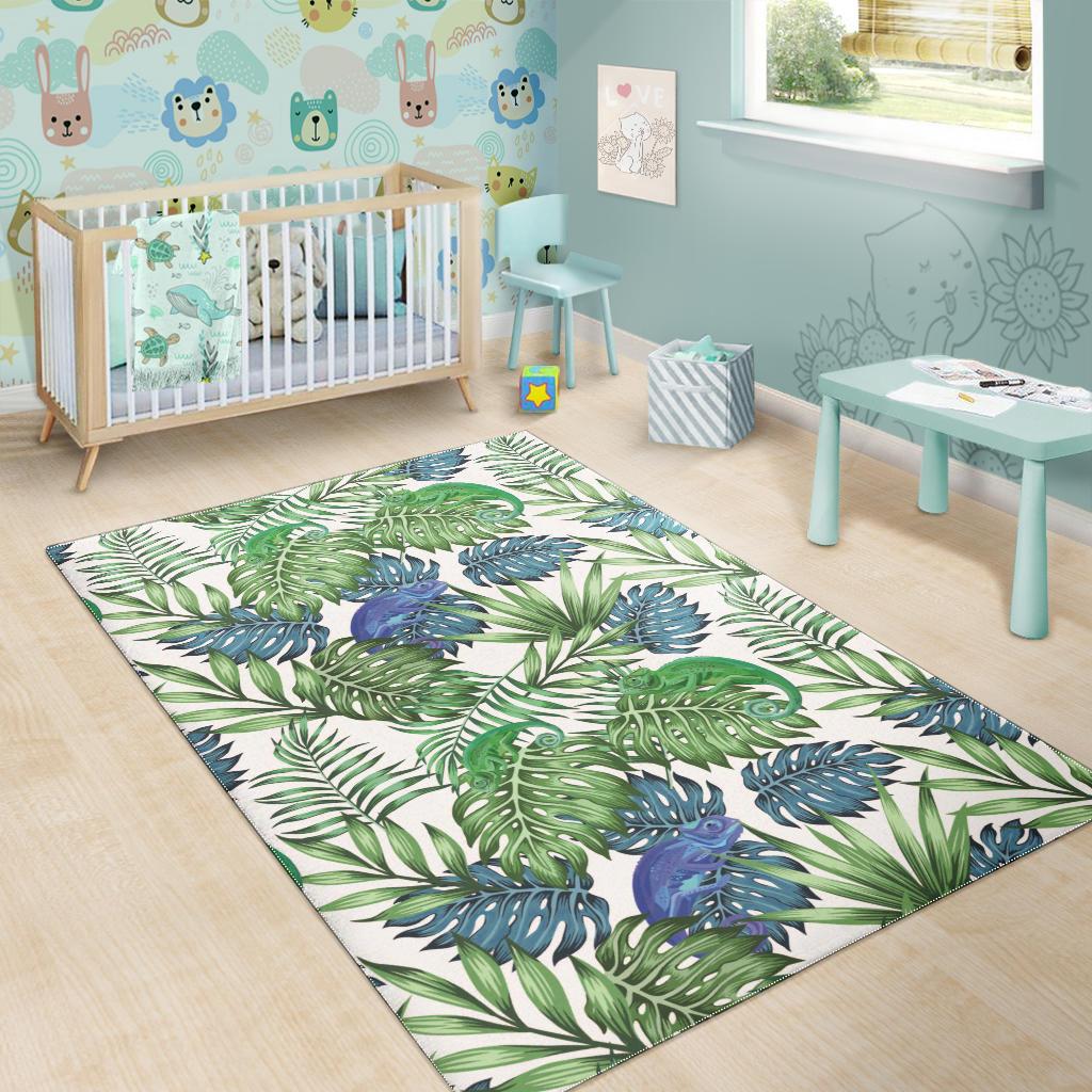 Green Blue Chameleon Lizard Leaves Pattern Area Rug