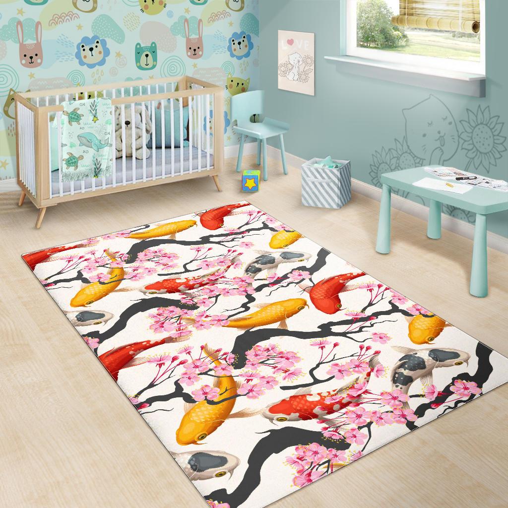 Colorful Koi Fish Carp Fish and Sakura Pattern Area Rug