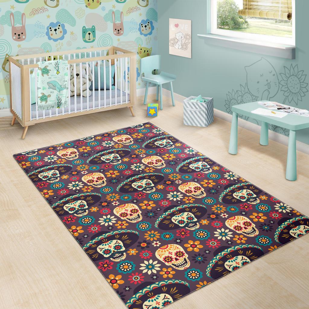 Sugar skulls flower maxican pattern Area Rug