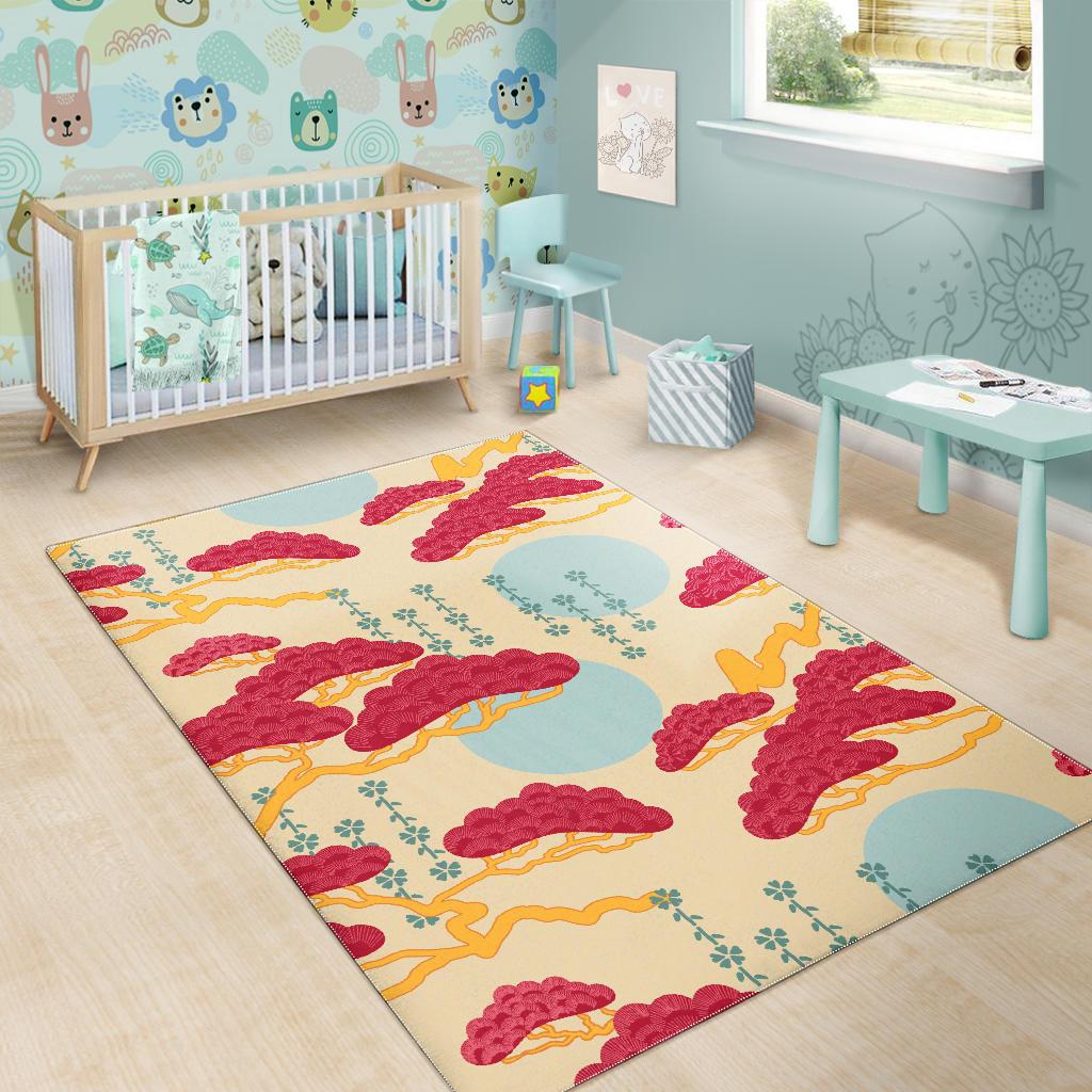 Red Bonsai gray sun japanese pattern Area Rug