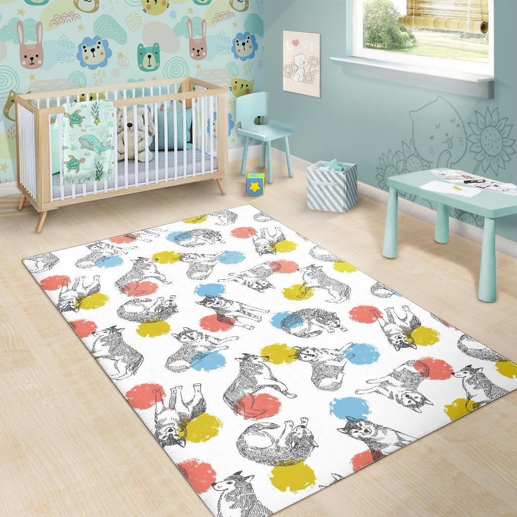 Siberian husky and colorful circle pattern Area Rug