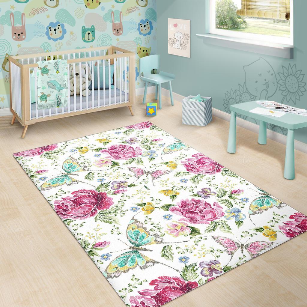 Hand drawn butterfly rose Area Rug