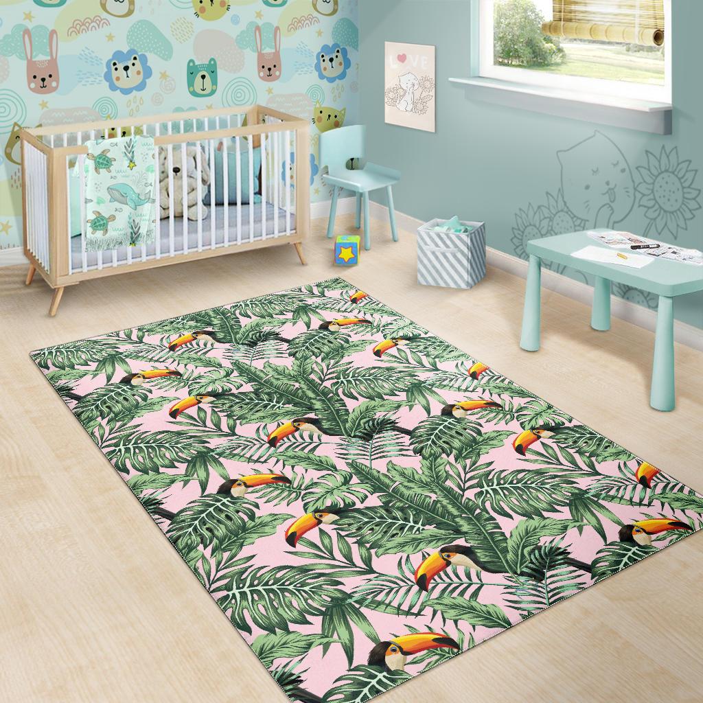 Toucan tropical green jungle palm pattern Area Rug