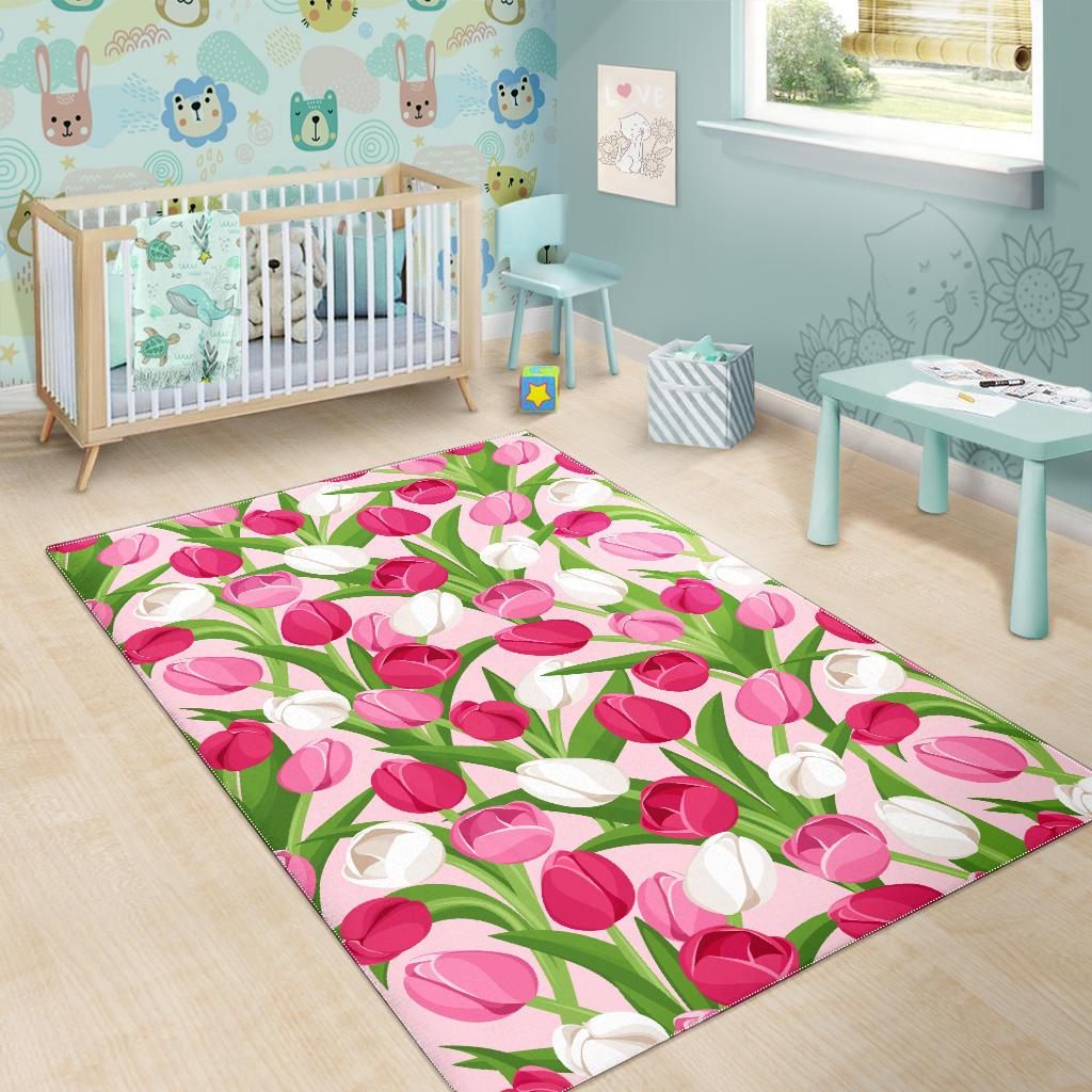 Pink White Tulip Pattern Area Rug