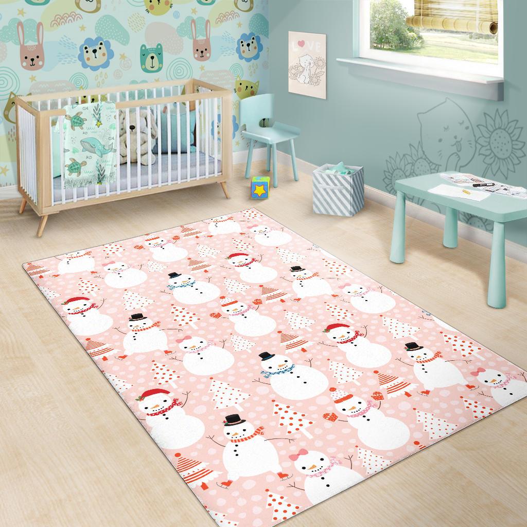 Cute snowman christmas tree snowpink background Area Rug