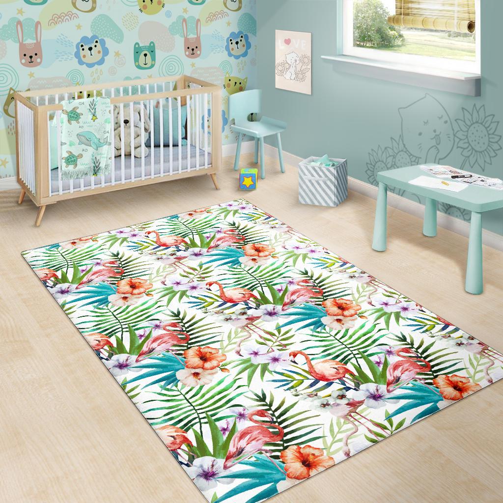 Flamingo Flower Leaves Pattern Area Rug