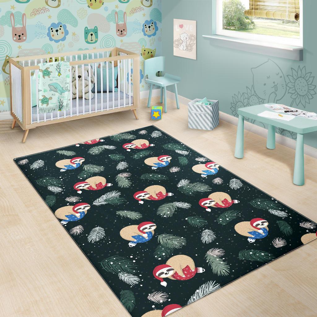 Cute sloths sleeping christmas ball santa hat pattern Area Rug