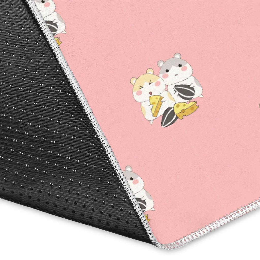 Cute hamster cheese pattern pink background Area Rug