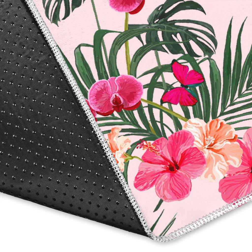Red Pink Orchid Hibiscus Pattern Area Rug