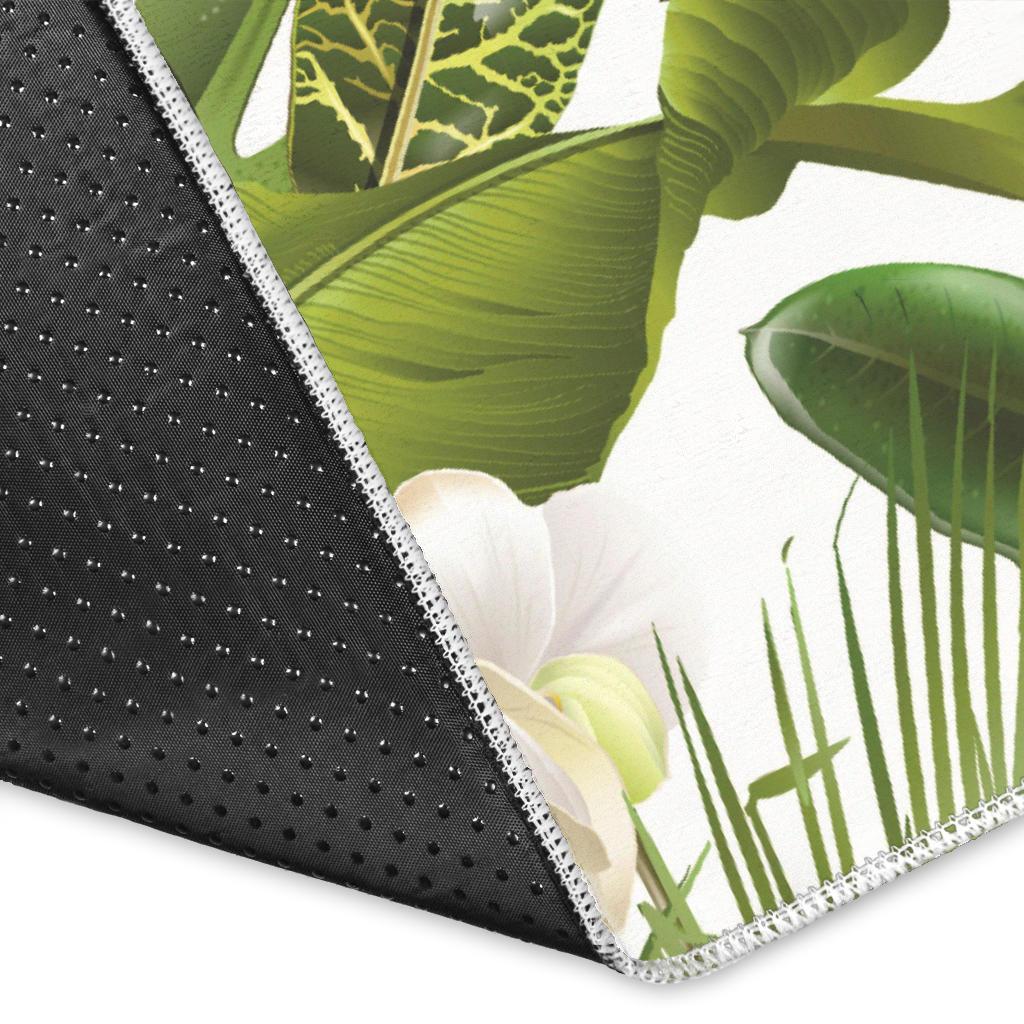 White orchid flower tropical leaves pattern Area Rug