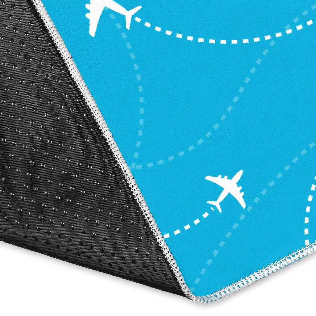 Airplane destinations blue background Area Rug
