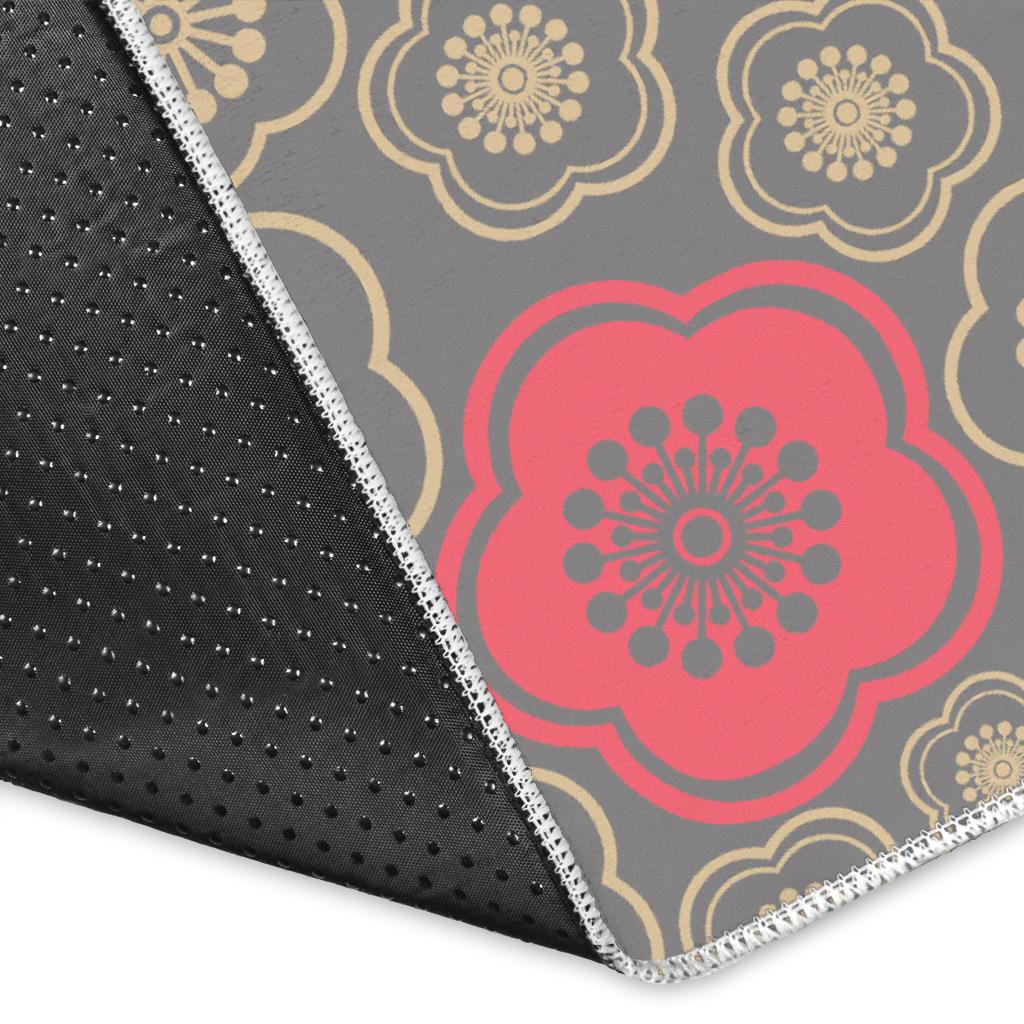Red gold Sakura cherry blossom gray background Area Rug