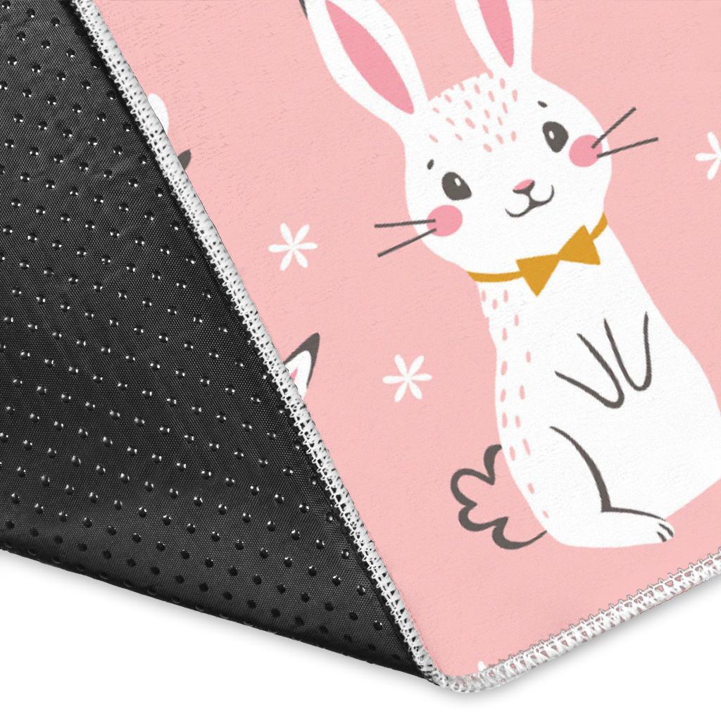 Cute white rabbit flower pink background Area Rug