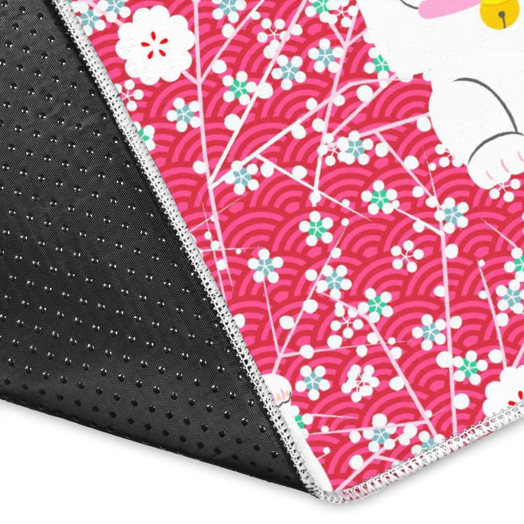Maneki Neko Lucky Cat sakura pink background Area Rug