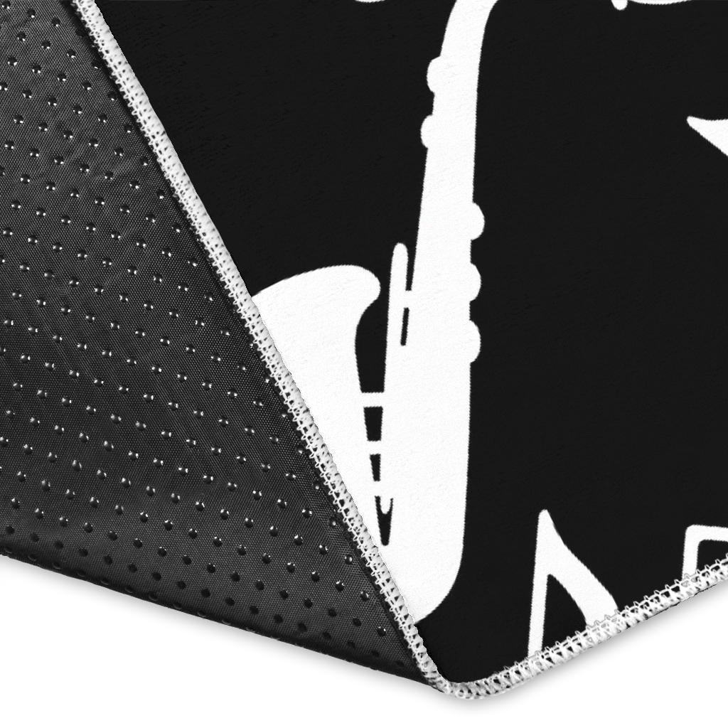 Saxophone music notes treble clef black white theme Area Rug