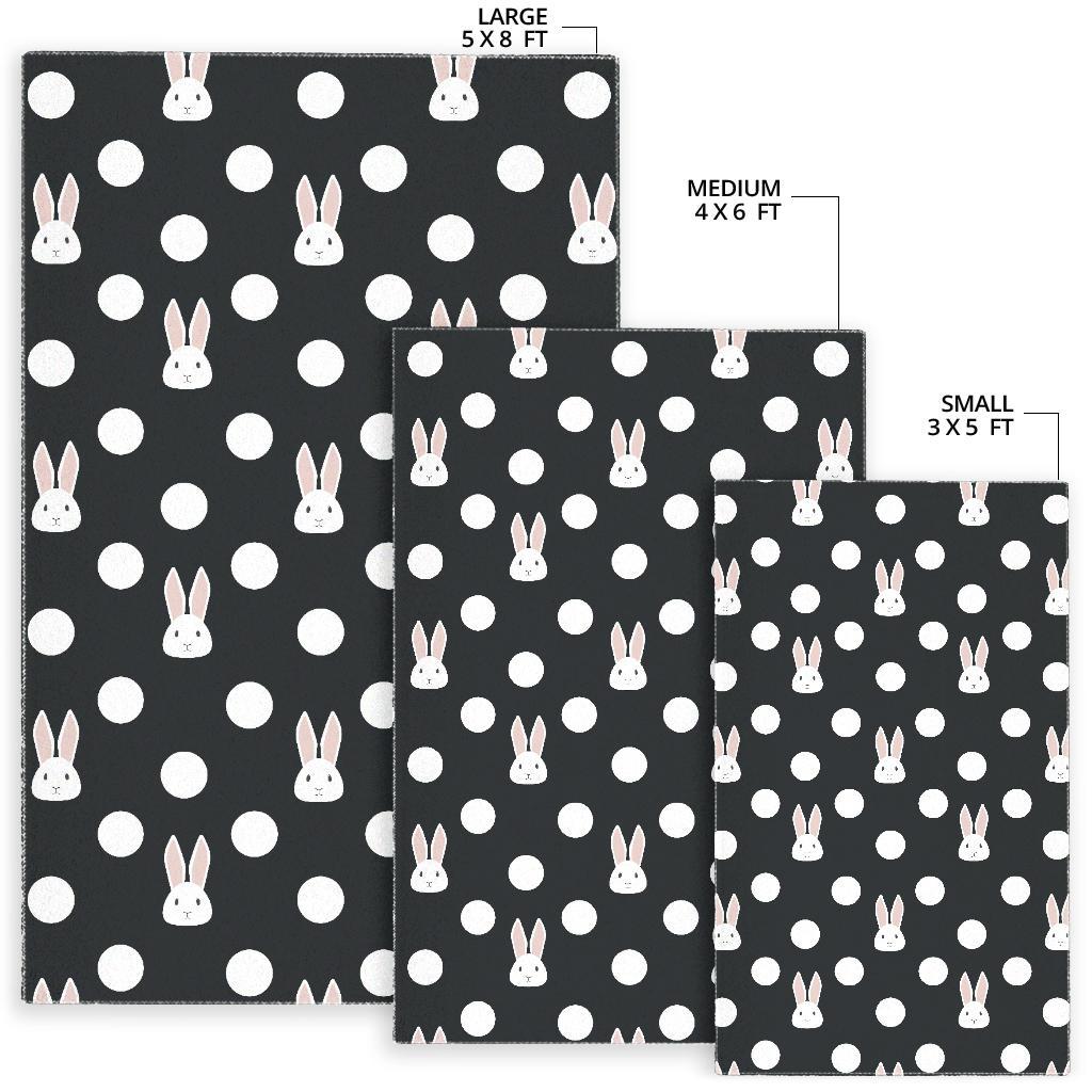 Cute white rabbit polka dots black background Area Rug