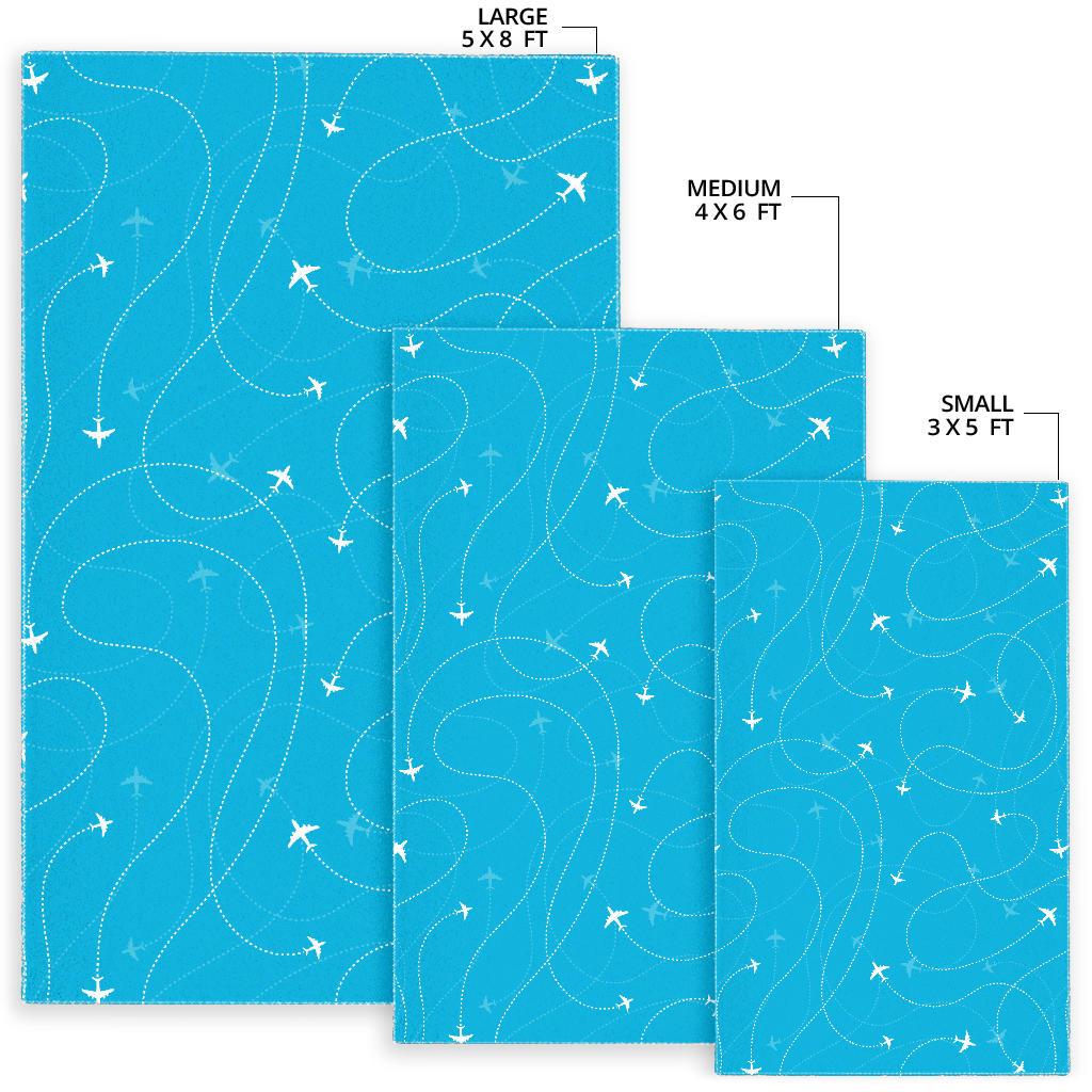 Airplane destinations blue background Area Rug