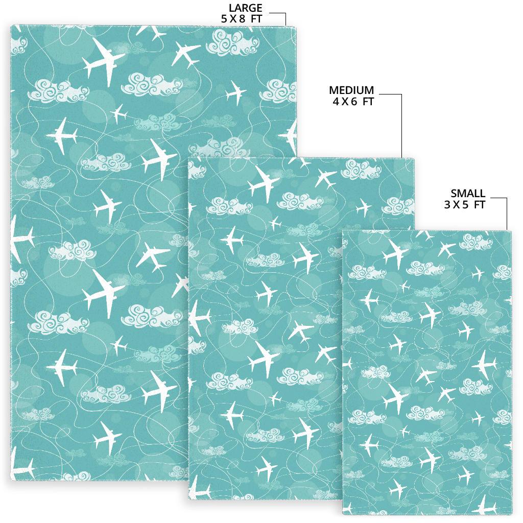Airplane Cloud Pattern Green Background Area Rug