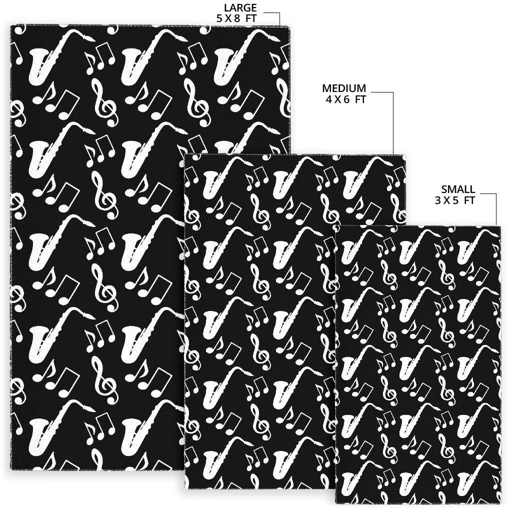 Saxophone music notes treble clef black white theme Area Rug