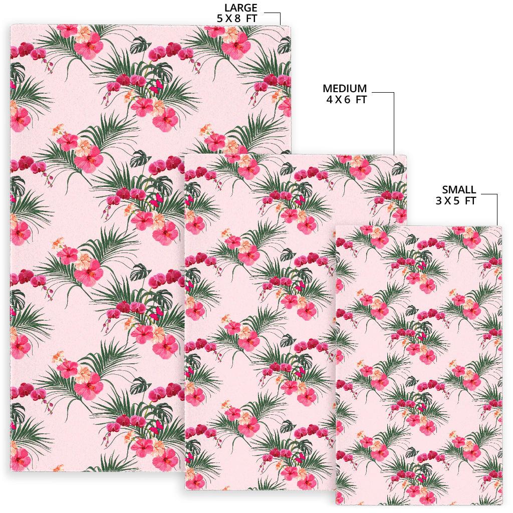 Red Pink Orchid Hibiscus Pattern Area Rug