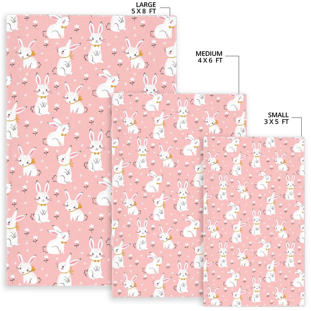 Cute white rabbit flower pink background Area Rug