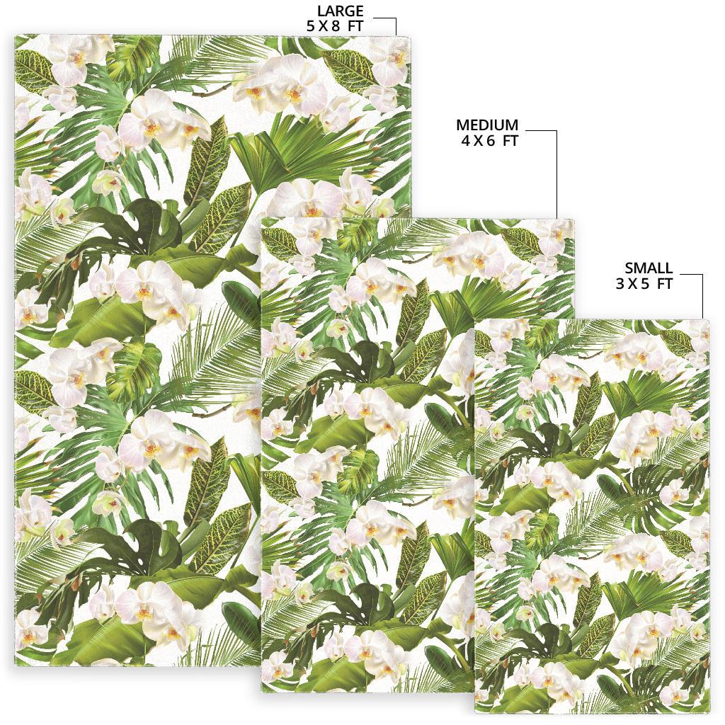 White orchid flower tropical leaves pattern Area Rug