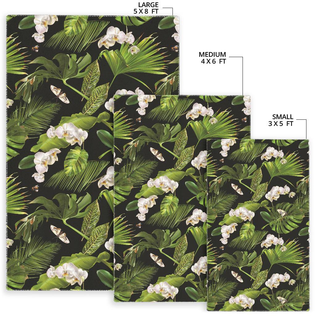 White orchid flower tropical leaves pattern blackground Area Rug