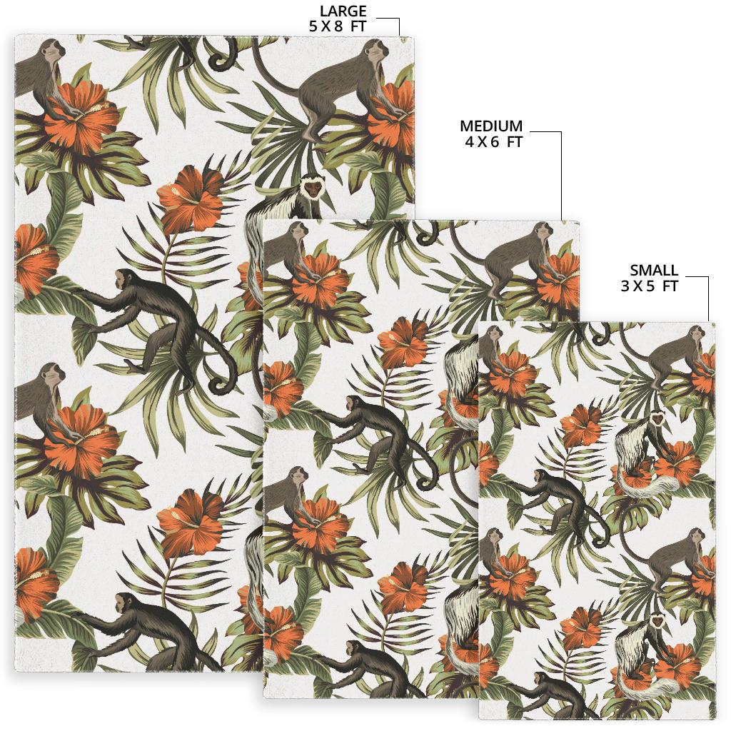 Monkey red hibiscus flower palm leaves floral pattern Area Rug
